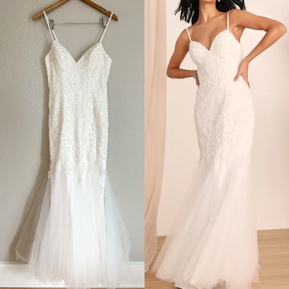 NWOT Dream Romance White Beaded Tulle Trumpet Maxi Dress - Picture 1 of 11